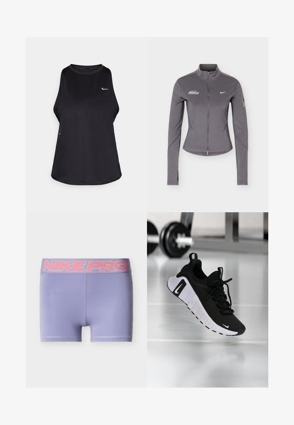 Grå Nike jakke med lange ermer, glidelås og ståkrage, hvite Nike-logoer på brystet og subtile detaljer på ermene.; Svart ermeløs løpe-trøye laget av lett materiale med rund hals; har en subtil logo og sideslitser for pusteevne.; Lilla atletiske shorts med bred Nike Pro elastisk midjebånd i rosa. Glatt, lett stoff med en tettsittende design og uten tydelige teksturer.; Sort atletikksko med overdel i teksturert stoff, hvit såle og fremtredende snøresystem. Har en Nike-logo og myk, polstret design.