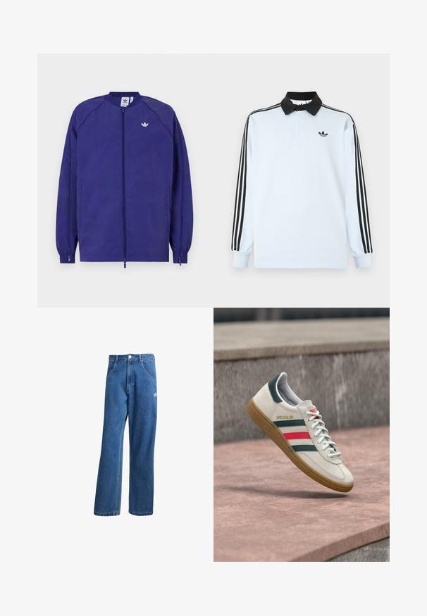 Paarse lichtgewicht jack met een ritssluiting, elastische manchetten en een klein wit logo op de borst. Gladde textuur en casual ontwerp.; Lichtblauw poloshirt met lange mouwen, een zwarte kraag, drie zwarte strepen op de mouwen, en een klein zwart logo op de borst.; Blauwe hoge taille wijde spijkerbroek met voorzakken, riemlussen, knoopsluiting en klein Adidas-logo op de rechterdij.; Witte Adidas sneaker met groene en rode strepen, rubberen zool en "SPEZIAL" branding die boven een stenen bestrating zweeft.
