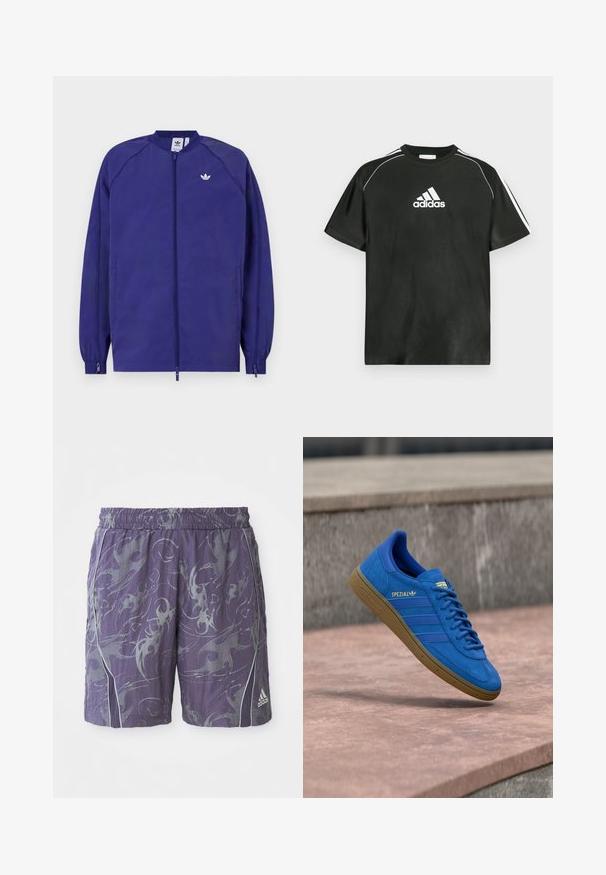 Paarse lichtgewicht jack met een ritssluiting, elastische manchetten en een klein wit logo op de borst. Gladde textuur en casual ontwerp.; Zwart T-shirt met korte mouwen en een wit Adidas-logo op de borst en witte strepen op de schouders. Gemaakt van gladde stof, met een ontspannen pasvorm.; Paarse sportshorts met abstracte zilveren patronen, elastische tailleband, zijpiping en het Adidas-logo op de rechteronderkant van het broekspijp.; Blauwe Adidas Spezial sneaker met rubberen zool, veters geknoopt, hangend boven een glad stenen oppervlak nabij een grijze betonnen muur.