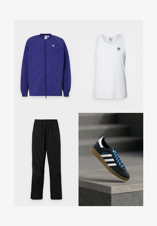 Paarse lichtgewicht jack met een ritssluiting, elastische manchetten en een klein wit logo op de borst. Gladde textuur en casual ontwerp.; Witte geribde tanktop met ronde hals, zwarte Adidas-logo op de linkerborst en zonder mouwen. Zachte katoenen stof, casual pasvorm.; Zwarte nylont broek met een elastische tailleband, voorzien van een lichte, gestructureerde afwerking en naadaccenten voor een modern ontwerp.; Zwarte Adidas-sneaker met witte strepen, blauwe veters en een gumzool die boven een grijze betonnen trede zweeft in zacht licht.