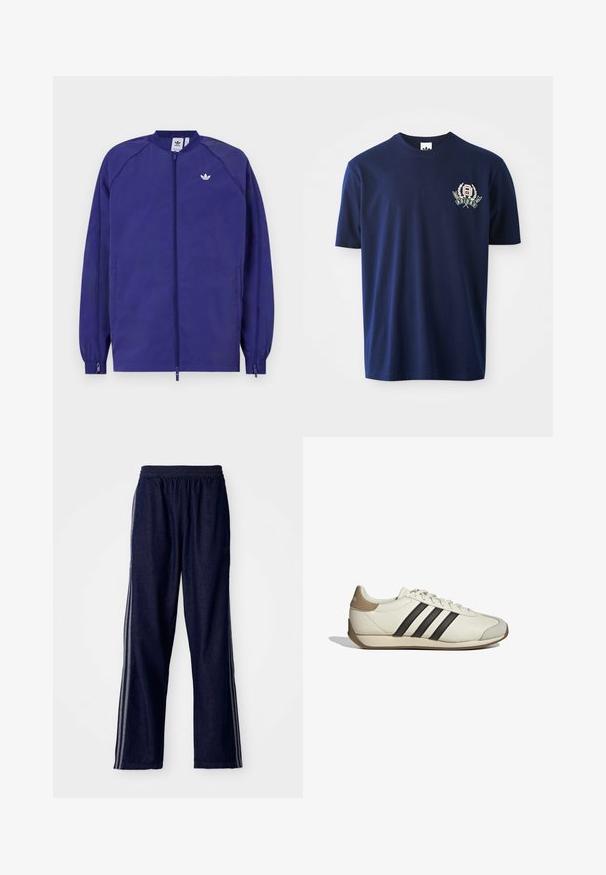 Paarse lichtgewicht jack met een ritssluiting, elastische manchetten en een klein wit logo op de borst. Gladde textuur en casual ontwerp.; Marineblauwe katoenen T-shirt met korte mouwen, ronde hals en geborduurd logo met lauriertakken op de linkerborst.; Marineblauwe sportbroek met een elastische tailleband, voorzien van drie witte zijstrepen en een recht-aansluitend ontwerp. Zachte denim structuur.; Witte leren sneaker met drie zwarte strepen, een beige hielkap en een gestructureerde grijze neuskap. Glad oppervlak met een gumzool.