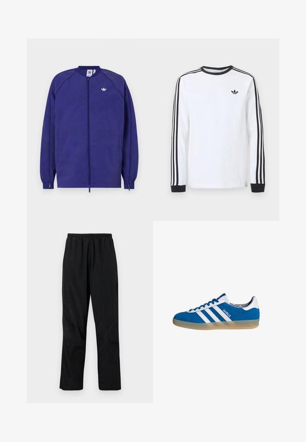 Chaqueta ligera púrpura con cierre de cremallera, puños elásticos y un pequeño logo blanco en el pecho. Textura suave y diseño casual.; Camiseta blanca de manga larga de Adidas con cuello redondo negro, puños negros, tres rayas negras a lo largo de las mangas y logo negro de trébol en el pecho.; Pantalones de nylon negros con una cinturilla elástica, que presentan un acabado ligero y texturizado y acentos en las costuras para un diseño moderno.; Zapatilla Adidas Gazelle azul y blanca con suela de goma y tres franjas blancas, vista desde un lado sobre un fondo blanco.