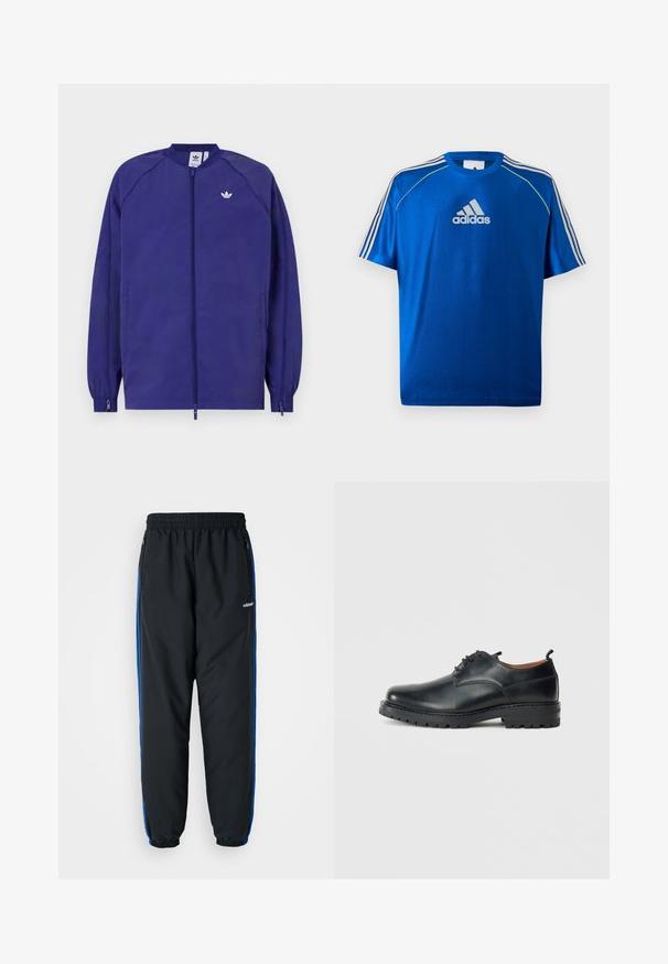 Fialová ľahká bunda so zipsom, elastickými manžetami a malým bielym logom na hrudi. Hladká textúra a neformálny dizajn.; Modré športové tričko Adidas s bielym logom na hrudi, bielymi pruhmi na ramenách a neónovo žltým lemovaním na švových ramenách.; Čierne športové nohavice s elastickým pásom, modrými bočnými pruhmi, vreckami na zips a zúženými manžetami pre tesný strih. Vyrobené z ľahkého materiálu.; Čierne kožené derby topánky s hladkým povrchom, zaoblenou špičkou, šnúrkovým zapínaním a hrubou, odolnou gumovou podrážkou.