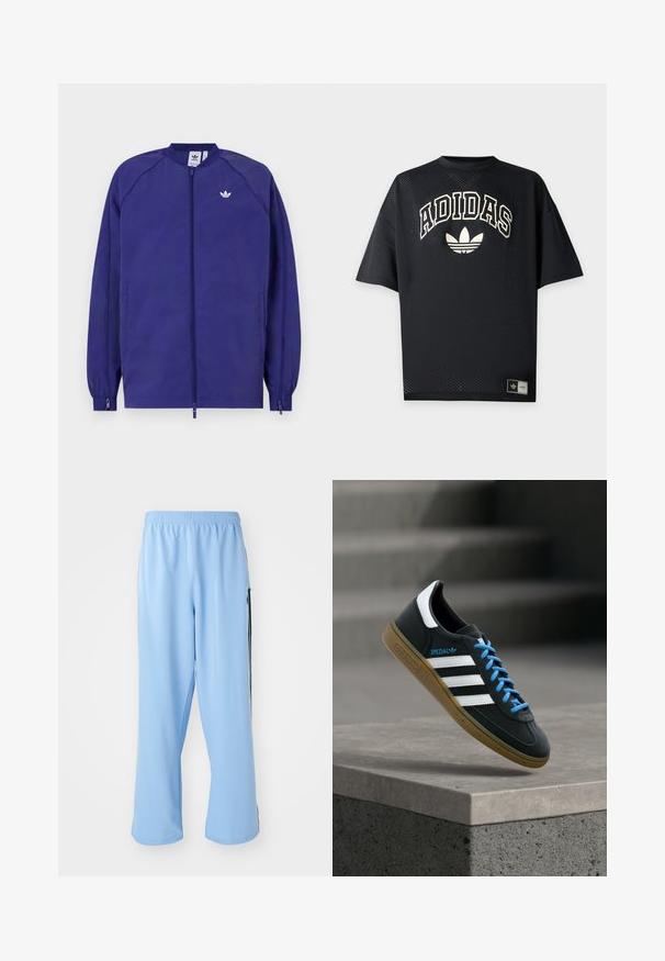 Fialová ľahká bunda so zipsom, elastickými manžetami a malým bielym logom na hrudi. Hladká textúra a neformálny dizajn.; Čierne Adidas športové tričko s krátkym rukávom z perforovanej látky, bielym nápisom Adidas a trefoil logom na prednej strane, a značkovou etikietou pri spodnom okraji.; Svetlo modré športové nohavice vyrobené z hladkej látky, s elastickým pásom a kontrastnými čiernymi bočnými pruhmi.; Čierna teniska Adidas s bielymi pruhmi, modrými šnúrkami a gumovou podrážkou, ktorá sa vznáša nad sivým betónovým schodom v mäkkom svetle.