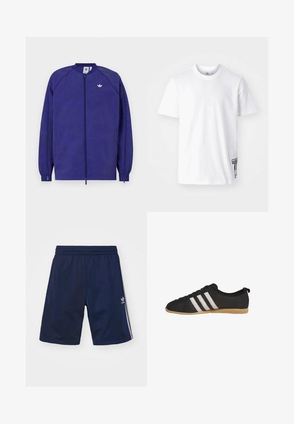 Paarse lichtgewicht jack met een ritssluiting, elastische manchetten en een klein wit logo op de borst. Gladde textuur en casual ontwerp.; Witte katoenen t-shirt met korte mouwen, ronde halslijn, en een zwart Adidas-logo label op de linker onderkant. Luxe textuur.; Marineblauwe sportshorts van een lichte stof, met een elastische tailleband en drie witte strepen aan de zijkanten. Adidas-logo zichtbaar.; Zwarte lage sneaker met witte strepen en bruine rubberen zool, zijaanzicht op een witte achtergrond.