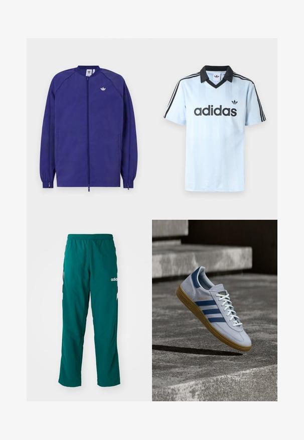 Lila, leichte Jacke mit Reißverschluss, elastischen Bündchen und einem kleinen weißen Logo auf der Brust. Glatte Textur und lässiges Design.; Hellblaues Sporttrikot mit schwarzem Kragen, das vertikale Streifen und drei schwarze Streifen auf jedem Ärmel zeigt. "adidas"-Logo in Schwarz.; Grüne Sporthose aus leichtem Material, mit elastischem Bund, seitlichen Taschen und weißem Adidas-Logo auf der linken Seite.; Hellblauer Adidas Spezial Sneaker mit dunkelblauen Streifen und Gummisohle, in der Luft über Betontreppen in neutralem Außenbereich gezeigt.
