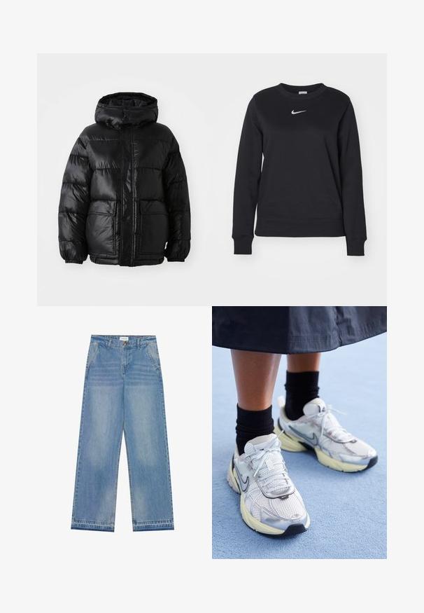 Sorte pufferjakke med hætte, der har en blank finish, elastiske manchetter, forlommeknaplukning og to store påsyede lommer.; Sort sweatshirt lavet af bomuldsblanding, med ribbede manchetter og kant, rund halsudskæring og sølvfarvet Nike-logo på brystet.; Lyseblå højtaljede wide-leg jeans med knaplukning, frontlommer, bæltestropper og diskret falmet detaljer.; Hvide og sølv Nike sneakers med mesh-stof, reflekterende detaljer og en beige sål. Bæres med sorte sokker og står på en blå overflade.