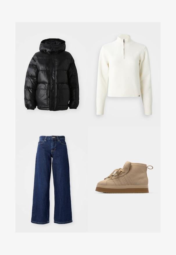 Schwarze Pufferjacke mit Kapuze, glänzender Oberfläche, elastischen Bündchen, Frontknopfverschluss und zwei großen aufgesetzten Taschen.; Weißer Sweater mit Reißverschluss am Hals und langen Ärmeln. Aus weichem Strickmaterial gefertigt, mit gerippten Bündchen und Saum. Dezentes Markenlogo am Saum.; Dunkelblaue weit geschnittene Jeans aus Denim, mit einem Knopf- und Reißverschluss, Gürtelschlaufen und klassischem Fünf-Taschen-Design.; Beige Wildleder-Hochtop-Sneaker mit einer dicken Gummisohle, ausgestattet mit einer umklappbaren Zunge, runder Spitze und dekorativen Schnürsenkeln.