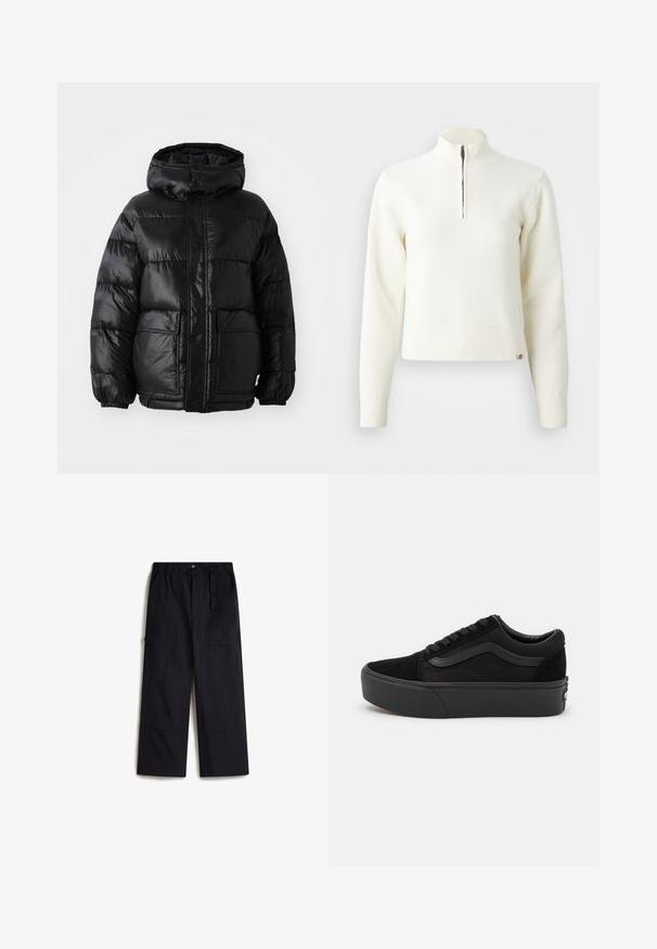 Abrigo acolchado negro con capucha, con un acabado brillante, puños elásticos, cierre frontal de botones y dos grandes bolsillos de parche.; Suéter blanco con cuello de cremallera y mangas largas. Fabricado en un material de punto suave, con puños y dobladillo acanalados. Logo de la marca sutil en el dobladillo.; Pantalones cargo negros con una cintura elástica, cinturón ajustable y dos bolsillos laterales. Hechos de una tela ligera y texturizada.; Zapatilla negra hecha de ante y lona, con punta redondeada, diseño de cordones planos y suela gruesa de goma con un branding sutil.