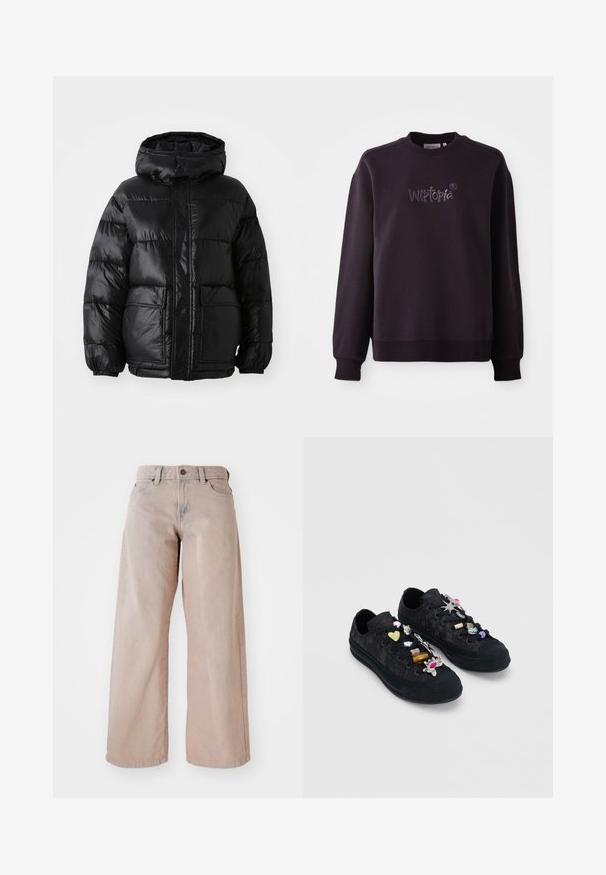 Must must jacket kapuutsiga, millel on läikiv viimistlus, elastsed mansetid, ees nööbiga sulgemine ja kaks suurt klapiga taskut.; Musta pusar, mis on valmistatud pehmest kangast, ümmarguse kaelaaugu ja soonikustega varrukatega. Ees on brodeeritud "Wistopia" logo.; Bežid laiendid teksad kõrge taljega, viie tasku ja nööbiga sulgemisega. Kanga tekstuur on pehme ja esiosas on kergelt pleekinud.; Mustad pitsidest tossud, mis on kaunistatud värviliste ja metallist võlusõlmedega, mis on kinnitatud paelte külge ühtlase halli tausta ees.