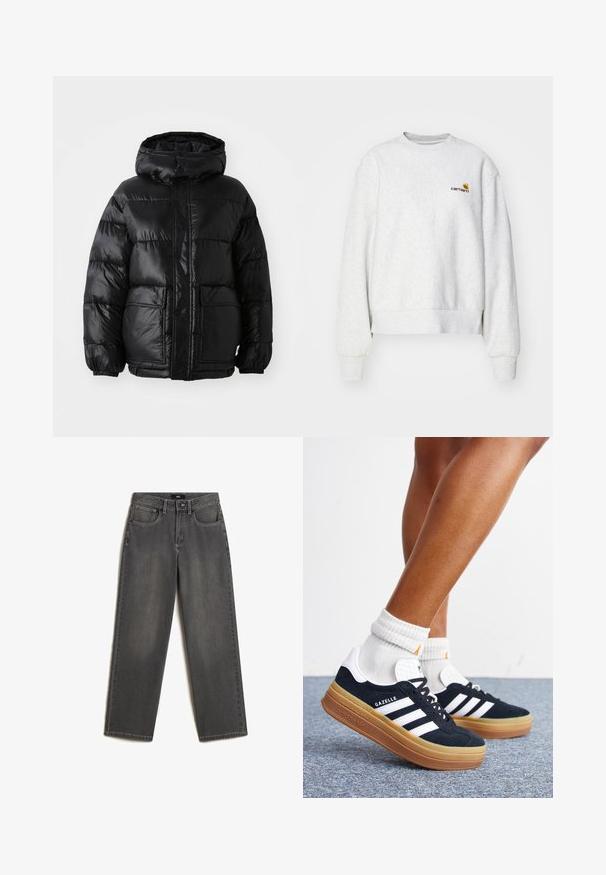 Sorte pufferjakke med hætte, der har en blank finish, elastiske manchetter, forlommeknaplukning og to store påsyede lommer.; Grå crew-neck sweatshirt i et blødt stof med ribbede manchetter og kant; har broderet logo på brystet i gul og mørkerød.; Grå vidde jeans lavet af denim. Har fem lommer, en frontknap og lynlås lukning, samt subtil fading på stoffet.; Ben iført hvide sokker og sorte Adidas Gazelle sneakers med hvide striber og tykke brune såler på et gråt tæppe.