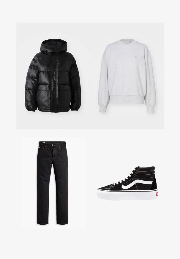 Schwarze Pufferjacke mit Kapuze, glänzender Oberfläche, elastischen Bündchen, Frontknopfverschluss und zwei großen aufgesetzten Taschen.; Carhartt WIP CASEY - Sweatshirt - ash heather/silver; Schwarze Denim-Jeans mit geradem Schnitt, Fünf-Taschen-Design und Knopfverschluss. Mit Kupfennieten und Nähtelementen.; Schwarze High-Top-Sneaker mit weißen Schnürsenkeln, einem weißen Logo und kontrastierendem weißen Nähten. Verfügt über eine dicke weiße Sohle und ein strukturiertes Wildleder-Obermaterial.