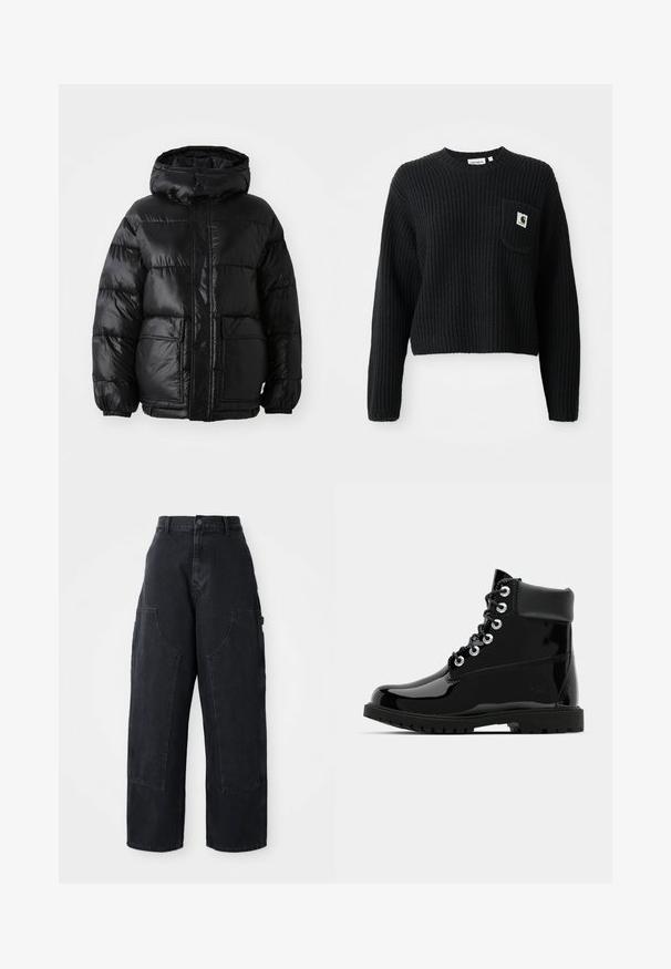 Schwarze Pufferjacke mit Kapuze, glänzender Oberfläche, elastischen Bündchen, Frontknopfverschluss und zwei großen aufgesetzten Taschen.; Schwarzer gerippter Strickpullover mit rundem Ausschnitt, langen Ärmeln und einer Fronttasche mit einem kleinen Logopatch. Verkürzte Länge.; Schwarze Denim Cargo-Hosen mit weitem Bein und hoher Taille, zwei großen Vordertaschen und einem Knopfverschluss an der Taille. Glatte Textur, lässiges Design.; Schwarze, glänzende Knöchelstiefel mit einer glatten Lackleder-Oberfläche, runder Zehenform, Schnürung mit sechs Ösen und einer robusten Gummisohle.