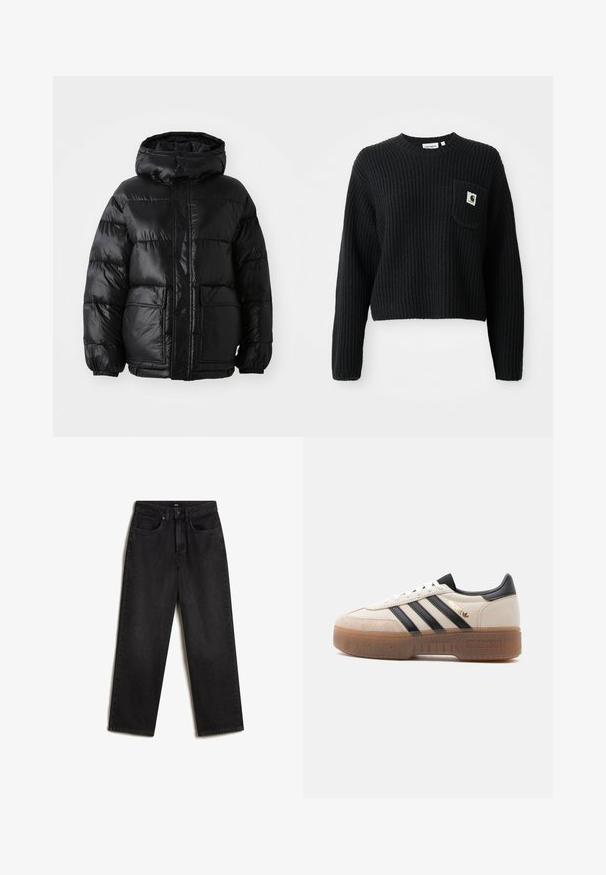 Sorte pufferjakke med hætte, der har en blank finish, elastiske manchetter, forlommeknaplukning og to store påsyede lommer.; Sort ribbenstrikket sweater med rund hals, lange ærmer og en frontlomme med et lille logo patch. Forkortet længde.; Vans SIRELLE 5 POCKET PUDDLE TROUSERS, - Jeans Straight Leg - black; Hvid og beige sneaker med sorte striber, sort hælflig, "Spezial"-label i guld og tyk gennemsigtig brun sål.