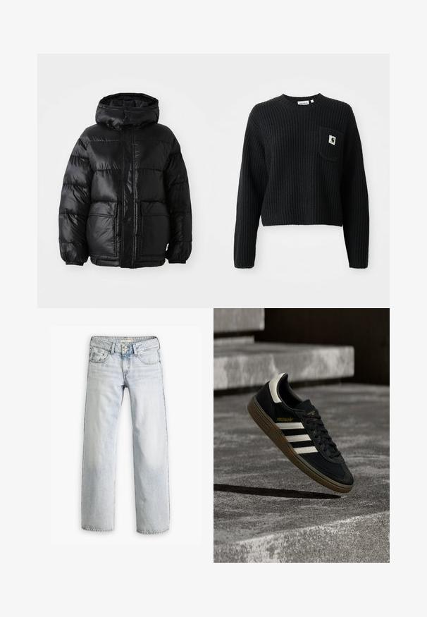 Schwarze Pufferjacke mit Kapuze, glänzender Oberfläche, elastischen Bündchen, Frontknopfverschluss und zwei großen aufgesetzten Taschen.; Schwarzer gerippter Strickpullover mit rundem Ausschnitt, langen Ärmeln und einer Fronttasche mit einem kleinen Logopatch. Verkürzte Länge.; Hellblaue Denim-Jeans mit lockerer Passform, hoher Taille und fünf Taschen. Mit Stitching-Akzenten und einem Knopfverschluss.; Schwarzer Adidas-Sneaker mit weißen Streifen und Gummisohle schwebt über grauen Betonstufen im natürlichen Licht.
