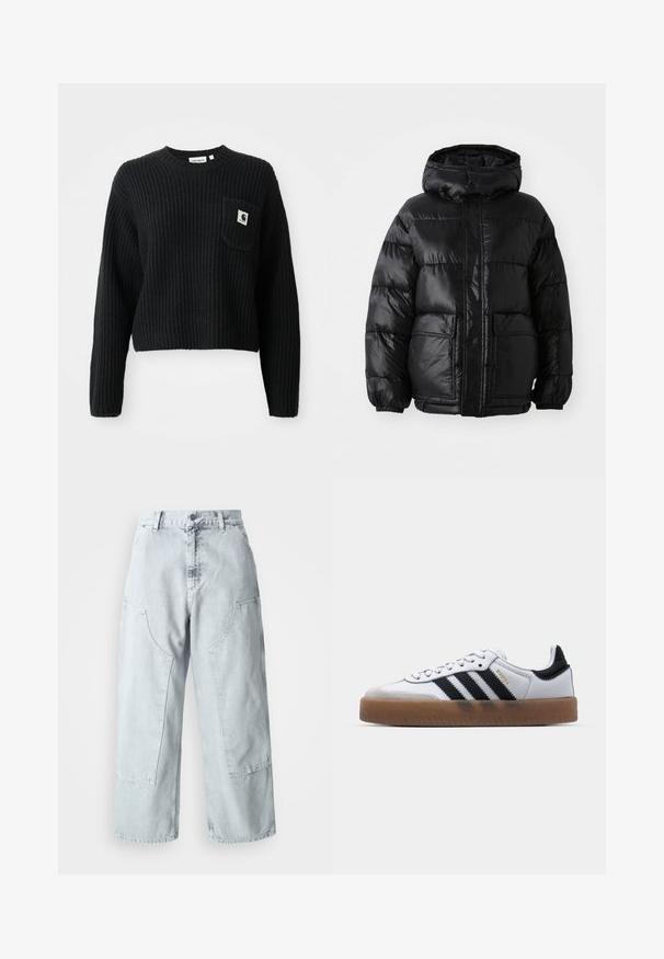 Sorte pufferjakke med hætte, der har en blank finish, elastiske manchetter, forlommeknaplukning og to store påsyede lommer.; Sort ribbenstrikket sweater med rund hals, lange ærmer og en frontlomme med et lille logo patch. Forkortet længde.; Lys blå denim bred benbukser med store sidelommer, høj talje og løst fit. Slidte tekstur med en falmet finish.; Hvide lædersneakers med sorte striber, gummirubber sål, rund tå, snørelukning og blød grå ruskinds tåhætte.