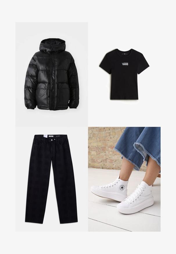 Zwarte donsjack met capuchon, voorzien van een glanzende afwerking, elastische manchetten, sluiting met knopen aan de voorkant en twee grote opgestikte zakken.; Vans CAMERON - T-shirt basic - black; Zwarte taps toelopende jeans met een stevige weving, voorzien van voorzakken, een knoopsluiting en een discreet logo-label op de tailleband.; Persoon draagt witte hoge Converse-sneakers met dikke zolen en korte jeans met rafelige zoom tegen een bakstenen muur en witte vloer.