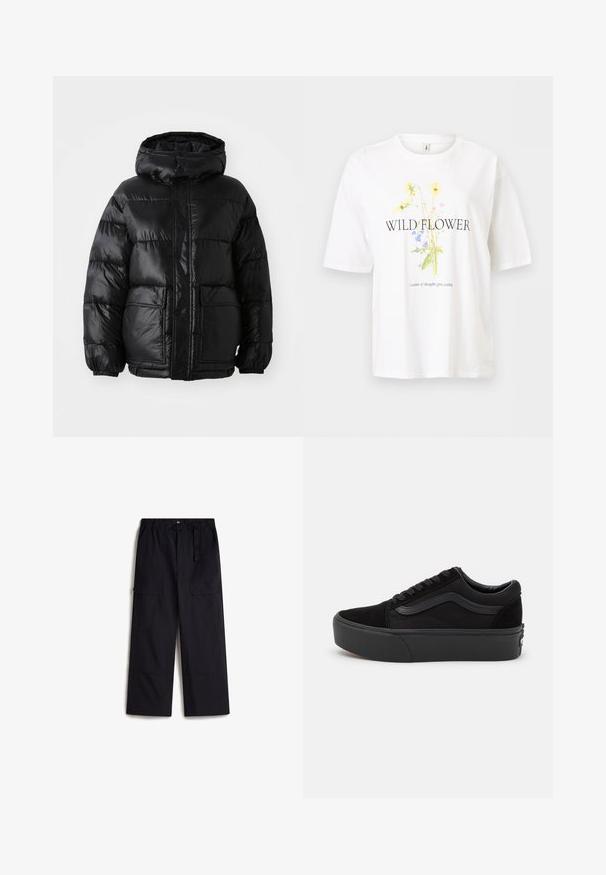 Sorte pufferjakke med hætte, der har en blank finish, elastiske manchetter, forlommeknaplukning og to store påsyede lommer.; Hvid kortærmet t-shirt med trykt vilde blomster grafik og teksten "VILD BLOMST" og "Tankernes have vokser indeni."; Sorte cargo bukser med elastisk talje, justerbart bælte og to sidelommer. Fremstillet af et let, struktureret stof.; Sort sneakers lavet af ruskind og lærred, med en rund tå, flad snørebåndsdesign og en tyk gummisål med subtil branding.