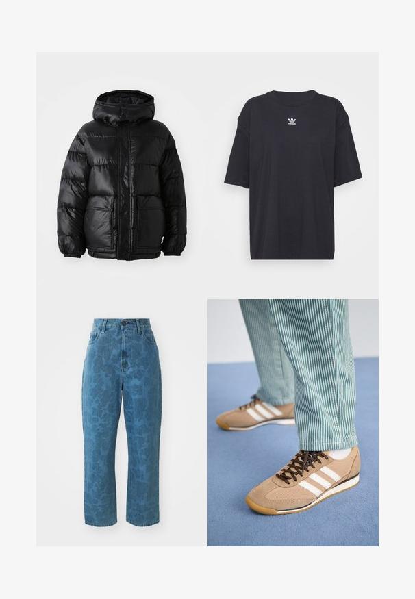 Abrigo acolchado negro con capucha, con un acabado brillante, puños elásticos, cierre frontal de botones y dos grandes bolsillos de parche.; Camiseta de algodón negra con mangas cortas, cuello redondo, presenta un logo blanco de Adidas en el pecho. Diseño simple, ajuste relajado.; Vaqueros de mezclilla azul claro con una textura de patrón sutil, cintura alta y corte recto. Cuenta con un cierre frontal de botón y cremallera.; Zapatillas de ante y malla color arena con cordones marrones y tres rayas blancas. Combinadas con pantalones a rayas verdes y blancas, descansando sobre una superficie azul.