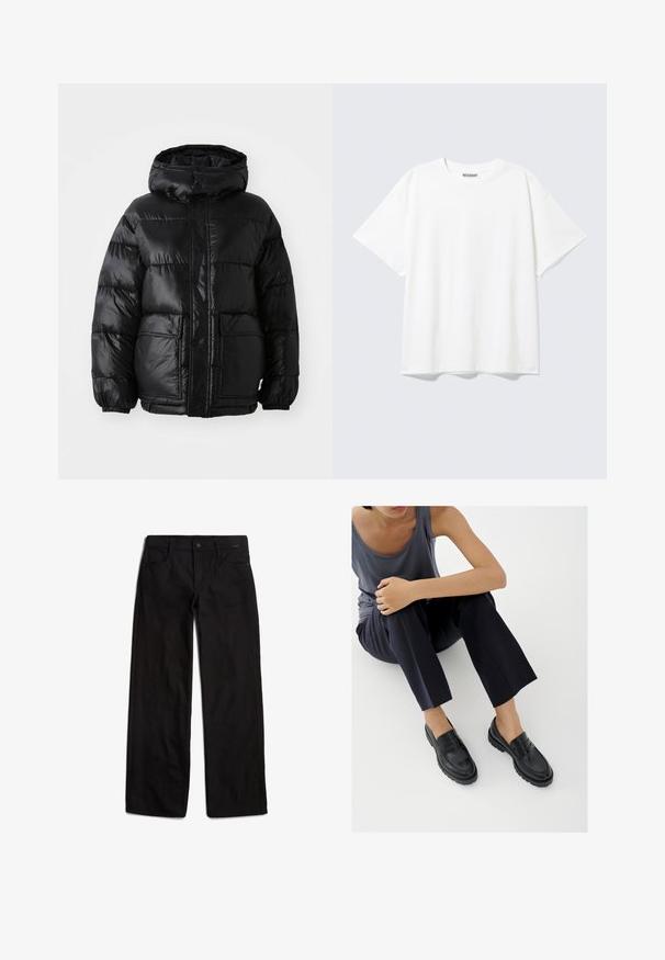 Zwarte donsjack met capuchon, voorzien van een glanzende afwerking, elastische manchetten, sluiting met knopen aan de voorkant en twee grote opgestikte zakken.; Witte T-shirt met korte mouwen en een ronde hals, met een relaxte pasvorm en een "WEEKDAY" label aan de binnenkant achter bij de hals.; Zwarte denim broek met een rechte pijp, voor sluiting met knoop en een ontwerp met vijf zakken. Soepele textuur en minimale stikseldetails.; Zwarte leren loafers met textuurelementen, lage hak, ronde neus en zichtbare stiksels. Model draagt donkere broek en een grijze top.