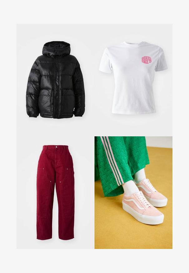 Doudoune noire avec capuche, au fini brillant, poignets élastiques, fermeture à boutons sur le devant, et deux grandes poches à patte.; T-shirt en coton blanc à manches courtes, avec un motif rose sur la poitrine gauche portant l'inscription "DICKIES SINCE '22." Design classique à col rond.; Pantalons large en bordeaux en coton, dotés de deux grandes poches latérales, d'une fermeture à bouton et d'une coupe décontractée avec des détails de couture visibles.; Baskets en daim rose avec des accents blancs et des semelles blanches épaisses, associées à un pantalon vert à motifs avec des bandes latérales roses.