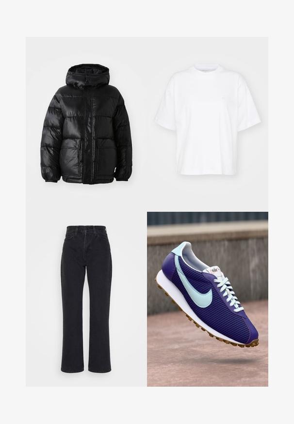 Schwarze Pufferjacke mit Kapuze, glänzender Oberfläche, elastischen Bündchen, Frontknopfverschluss und zwei großen aufgesetzten Taschen.; Weißes Baumwoll-T-Shirt mit Rundhalsausschnitt, kurzen Ärmeln und lockerer Passform. Verfügt über ein dezentes Logo auf der linken Brustseite. Glatte Textur.; Schwarze Jeans mit hoher Taille und geradem Bein, mit Vordertaschen und Gürtelschlaufen auf weißem Hintergrund.; Lila Nike Sneaker mit hellblauem Swoosh, weißen Schnürsenkeln und Gummi-Sohle, der über einer Betonoberfläche im Freien schwebt.