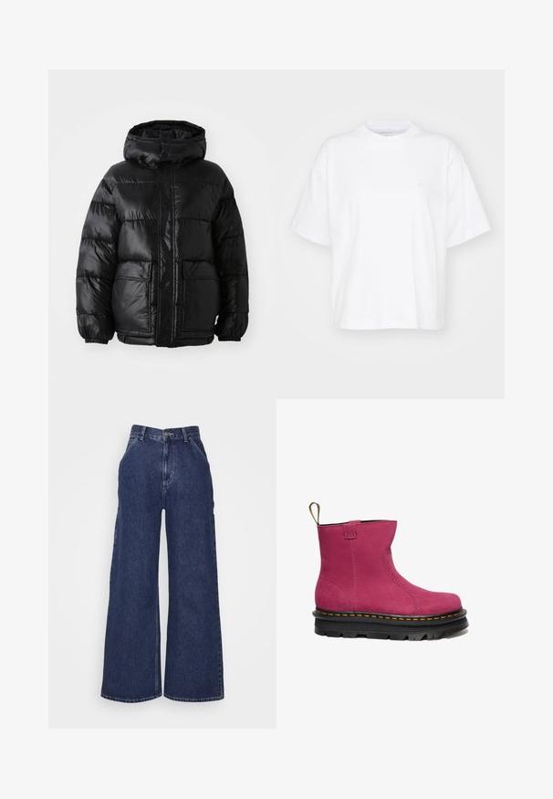 Doudoune noire avec capuche, au fini brillant, poignets élastiques, fermeture à boutons sur le devant, et deux grandes poches à patte.; T-shirt en coton blanc avec un col rond, des manches courtes et une coupe décontractée. Présente un logo discret sur la zone gauche de la poitrine. Texture lisse.; Jeans en denim à jambes larges de couleur bleu foncé, avec une taille haute, des poches avant et une fermeture éclair avec un bouton en métal. Texture lisse et design classique.; Botte de cheville en cuir rose avec un bout arrondi, des détails cousus et une semelle plateforme noire ornée de touches de jaune.
