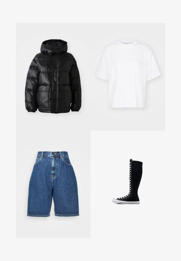 Doudoune noire avec capuche, au fini brillant, poignets élastiques, fermeture à boutons sur le devant, et deux grandes poches à patte.; T-shirt en coton blanc avec un col rond, des manches courtes et une coupe décontractée. Présente un logo discret sur la zone gauche de la poitrine. Texture lisse.; Shorts en denim bleu moyen à taille haute, dotés de cinq poches et d'une coupe droite. Coutures épaisses et bord ourlé.; Baskets montantes noires avec un design haut, réalisées en toile. Elles présentent des lacets blancs, des coutures et une semelle en caoutchouc avec un capuchon au niveau des orteils.