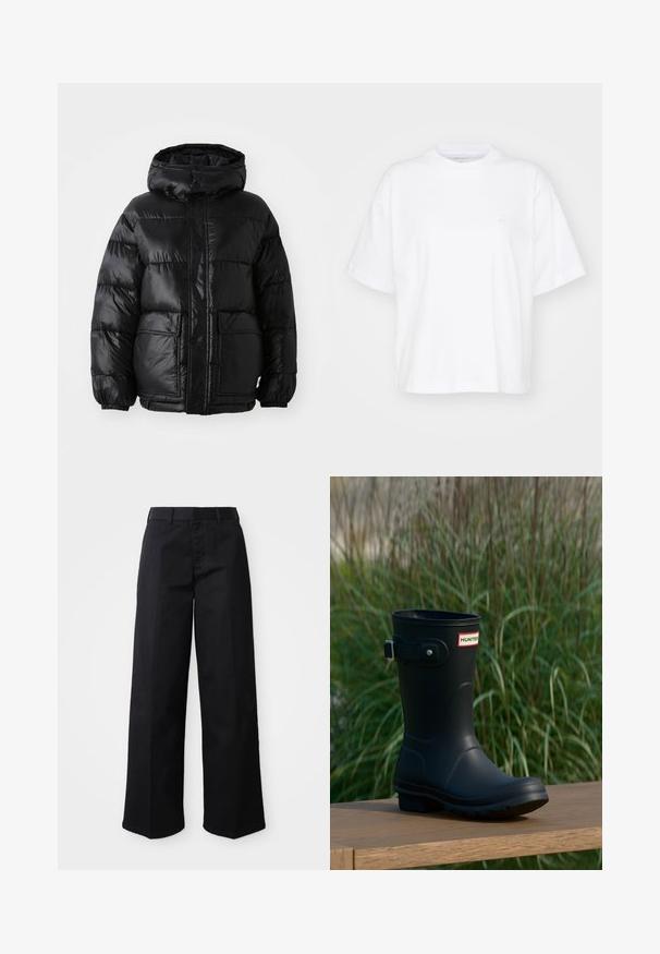 Doudoune noire avec capuche, au fini brillant, poignets élastiques, fermeture à boutons sur le devant, et deux grandes poches à patte.; T-shirt en coton blanc avec un col rond, des manches courtes et une coupe décontractée. Présente un logo discret sur la zone gauche de la poitrine. Texture lisse.; Pantalons larges noirs en tissu de coton doux. Dotés d'une taille classique, de poches latérales et d'une coupe droite jusqu'à l'ourlet.; Botte de pluie en caoutchouc noir avec une finition brillante, dotée d'une boucle argentée et d'un écusson de logo. La semelle est texturée pour une meilleure adhérence.