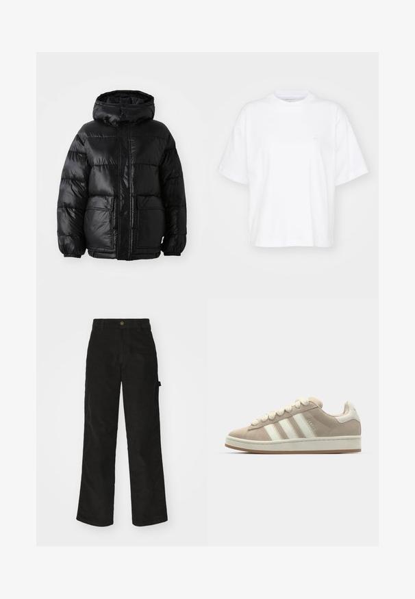 Abrigo acolchado negro con capucha, con un acabado brillante, puños elásticos, cierre frontal de botones y dos grandes bolsillos de parche.; Camiseta de algodón blanca con cuello redondo, mangas cortas y un corte relajado. Presenta un logo sutil en el área del pecho izquierdo. Textura suave.; Pantalones de pana negros con un diseño de pierna recta, que presentan un cierre de botón y bolsillo lateral. Textura suave con finas rayas verticales.; Zapatillas de ante marrón con rayas y cordones de cuero blanco, suela de goma, cuello acolchado y detalles texturizados en la parte superior.