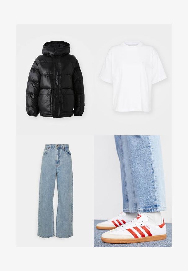 Sorte pufferjakke med hætte, der har en blank finish, elastiske manchetter, forlommeknaplukning og to store påsyede lommer.; Hvid bomulds t-shirt med rund hals, korte ærmer og en afslappet pasform. Har et diskret logo på venstre brystområde. Glat tekstur.; Lyseblå vidde denimjeans med høj talje, frontknap, lynlås og femlomme-design på ensfarvet baggrund.; Hvide lædersneakers med røde striber og accenter. Har en tekstureret gummisål og polstret krave. Bæres med lyseblå denim.