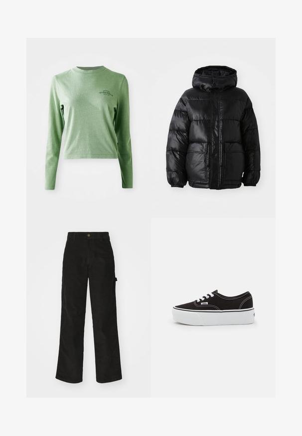 Must must jacket kapuutsiga, millel on läikiv viimistlus, elastsed mansetid, ees nööbiga sulgemine ja kaks suurt klapiga taskut.; Hele roheline pika varrukaga t-särk, mis on valmistatud pehmest puuvillast, koos ümarate kaelustega ja väikese trükitud logoga ülemisel vasakul küljel.; Mustadest korduroopükstest sirge säärega mudel, millel on nööbi sulgemine ja külgtaskud. Sile tekstuur peenete vertikaalsete triipudega.; Must musta tennis jalanõud valge kummi platvormi tallaga, valgete paelte ja õmblustega, ikoonilise kaubamärgiga küljes, madala lõikega disain.