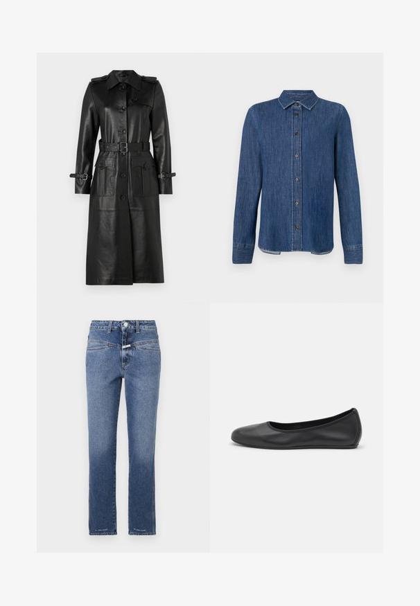 Sort læder trench coat med klassisk krave, knaplukning foran, to store forlommer, bælte i taljen og justerbare ærmestraps.; Mørkeblå denim skjorte med lange ærmer, knaplukning foran, klassisk krave og synlige sømme. Har en lige nederste kant med let bue i siderne.; Denim jeans i en mellemblå vask, lige ben, med en mellemhøj talje, fem lommer og subtile syninger.; Sort læderballetsko med rund tå, glat tekstur, minimal syning og et fleksibelt såldesign.