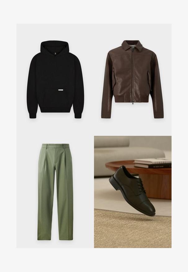 Veste en cuir marron foncé avec fermeture éclair à l’avant, deux poches latérales, col ouvert et poignets et ourlet côtelés.; Sweat à capuche noir avec poche kangourou devant et petite étiquette rectangulaire sur la poche, présenté sur un fond clair uni.; Pantalons sur mesure en tissu vert olive avec une texture lisse, présentant deux plis avant, des passants de ceinture et une coupe droite.; Chaussure habillée en cuir noir avec des lacets flottant au-dessus d'un tapis texturé beige dans un salon avec une table basse en bois et des livres.