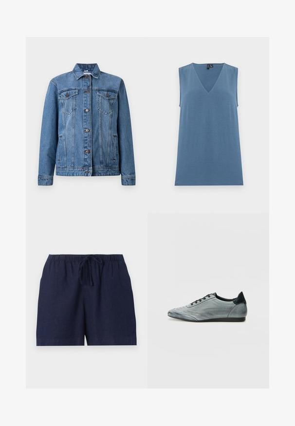 Veste en denim bleu avec boutons sur le devant, deux poches poitrine à rabats, poches latérales et manches longues, présentée sur un fond blanc.; Haut bleu tricoté sans manches avec col en V, ourlet droit et texture lisse, présenté sur un fond blanc uni.; Shorts décontractés bleu marine avec taille élastique et cordon réglable, fabriqués en tissu léger.; Baskets en cuir gris clair au design épuré, avec des détails cousus, des lacets noirs et un accent de talon foncé. Semelle en caoutchouc.