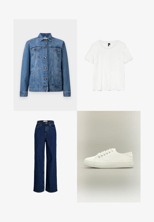 Blaue Jeansjacke mit Knopfleiste, zwei Brusttaschen mit Klappen, Seitentaschen und langen Ärmeln, auf weißem Hintergrund dargestellt.; Weißes T-Shirt mit kurzen Ärmeln und rundem Ausschnitt, hergestellt aus leichtem Stoff. Schlichtes Design, glatte Textur und gerader Saum.; Dunkelblaue, hoch taillierte Jeans mit weitem Bein, vorderen Taschen, Gürtelschlaufen, Knopfverschluss und sichtbaren Nahtdetails.; Weißer Low-Top-Sneaker mit weißen Schnürsenkeln und Gummisohle, seitlich auf neutralem Hintergrund dargestellt.
