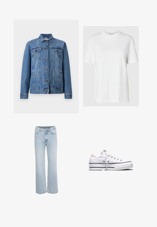 Blå denimjakke med knapper foran, to brystlommer med klapper, sidelommer og lange ærmer, vist på en hvid baggrund.; Hvid bomuld t-shirt med korte ærmer og rund halsudskæring. Har en afslappet pasform og et minimalistisk design uden mønstre eller accenter.; Lysblå højtaljede denim jeans med brede ben, fremadgående knap- og lynlåslukning samt fem lommer.; Hvid lavtop lærredssneakers med hvide snørebånd, sorte striber på sålen og gummieret tekstureret tåhætte, sidevendt på hvid baggrund.