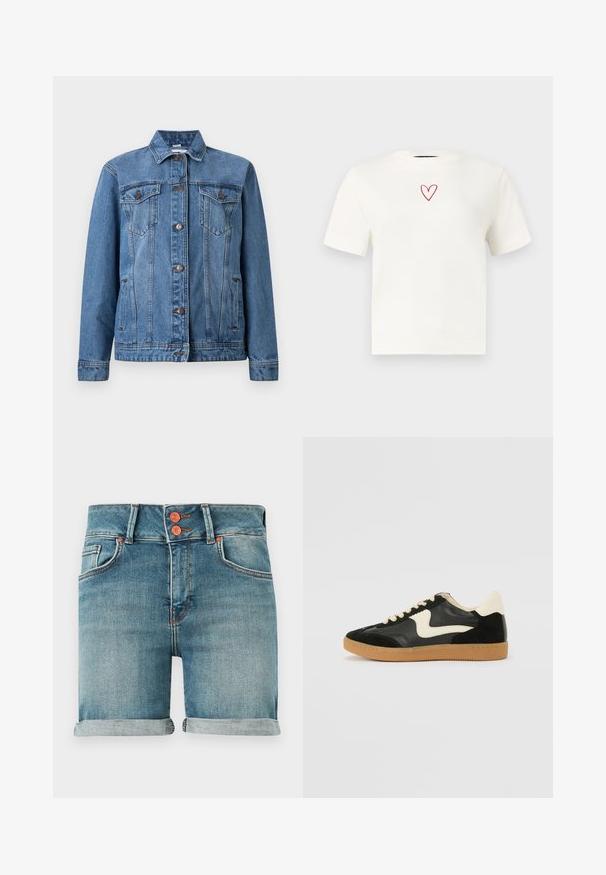Veste en denim bleu avec boutons sur le devant, deux poches poitrine à rabats, poches latérales et manches longues, présentée sur un fond blanc.; T-shirt blanc à manches courtes avec col rond, avec un petit cœur rouge en contour centré près de l'encolure.; Shorts en denim bleu avec ourlets roulés, double bouton en cuivre, poches avant et passants pour ceinture sur un fond uni.; Baskets en daim et cuir noir avec un swoosh latéral crème et un talon crème clair. Dotées de lacets beige et d'une semelle en caoutchouc gomme.