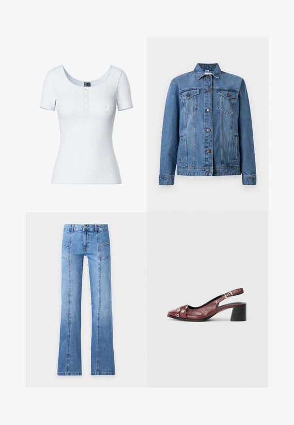 Blauwe spijkerjasje met knoopsluiting aan de voorkant, twee borstzakken met kleppen, zijzakken en lange mouwen, weergegeven op een witte achtergrond.; Lichtblauw geribbeld T-shirt met korte mouwen en een ronde halslijn, voorzien van een vijfknopenplacket aan de voorkant. Zachte, rekbare stof met een aansluitende pasvorm.; Lichtblauwe denim jeans met een hoge taille, knoop aan de voorkant, rits, naaddetails en licht uitlopende pijpen op een effen achtergrond.; Bordeaux leren slingback schoen met een ronde neus, gebogen ontwerp, zilveren hardware accenten en een blokhak. Textuurafwerking.