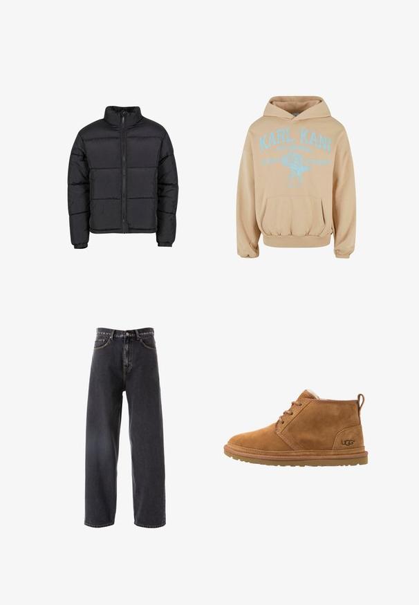 Chaqueta acolchada negra con cuello alto, cremallera frontal, puños elásticos y diseño acolchado con secciones horizontales para aislamiento.; Sudadera beige hecha de una mezcla de algodón; presenta un bolsillo frontal, capucha con cordón y un diseño gráfico impreso en azul claro con texto y un águila.; Pantalones vaqueros de mezclilla gris oscuro con un diseño holgado y de pierna recta, que cuentan con cinco bolsillos, costuras claras y un cierre de botón en la cintura.; Botas de ante marrón claro hasta el tobillo con diseño de cordones, punta redonda y suela de goma. Cuenta con forro suave y un logo en el talón.