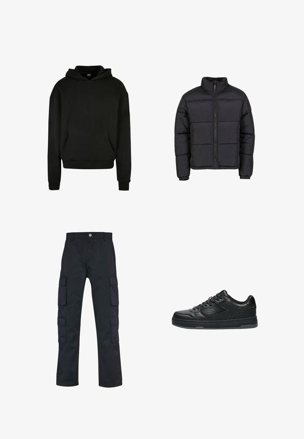 Doudoune noire avec un col montant, une fermeture éclair à l'avant, des poignets élastiques et un design matelassé avec des sections horizontales pour l'isolation.; Sweatshirt à capuche noir fabriqué en tissu doux, avec une poche avant, des poignets côtelés et une coupe décontractée.; Pantalons cargo noirs avec un design à jambe droite, fabriqués en tissu durable. Comprend plusieurs poches latérales et une fermeture à bouton.; Baskets basses noires avec panneaux en cuir texturé, fermeture à lacets et semelle en caoutchouc, vues de côté sur fond blanc.
