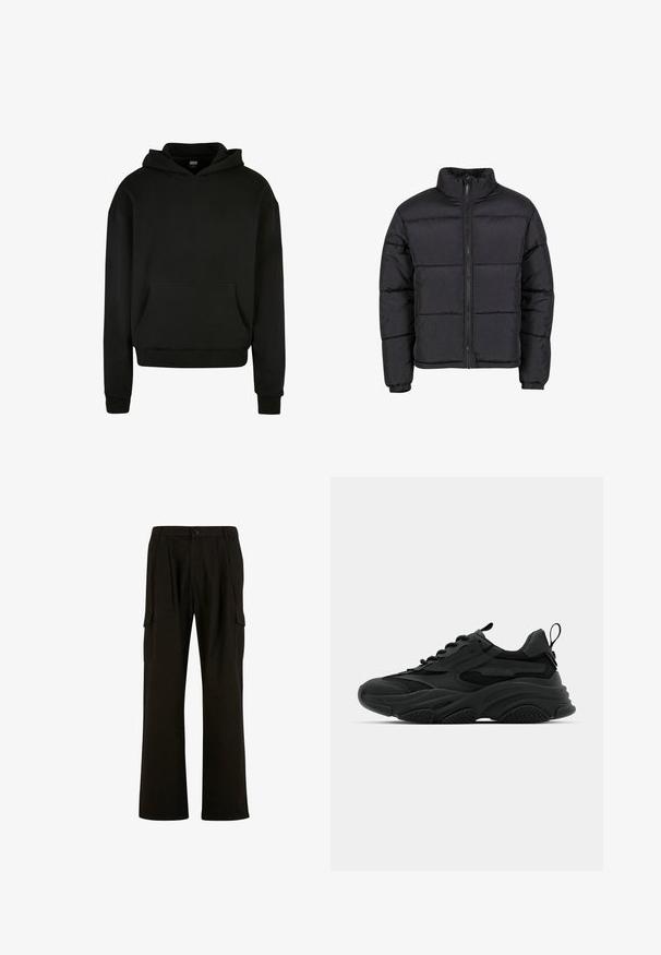 Must pufferjakk kõrge krae, eesmine tõmblukk, elastsed varrukad ja tekstiililõige, millel on horisontaalsed sektsioonid isoleerimiseks.; Mustast kapuutsiga dressipluus, mis on valmistatud pehmest kangast, esipocketiga, ribatud varruke ja lõdva lõikega disain.; Urban Classics WIDE - Kargopüksid - black; Mustad musta värvi sportlikud tossud, millel on paks tald, võrkpaneelid ja kummist aktsendid. Omab tõmbeaasat kontsas ja tekstuurilisi mustreid.