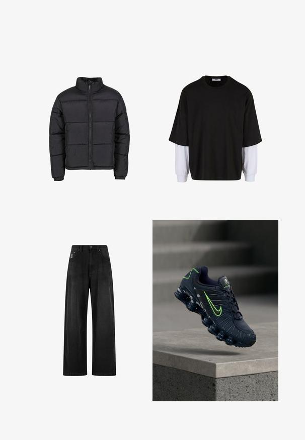 Sort dunjakke med høj krave, lynlås foran, elastiske manchetter og quiltet design med horisontale sektioner til isolering.; Sort kortærmet top med hvide lange ærmer lagdelt nedenunder, lavet af blødt stof, med en rund halsudskæring og en afslappet pasform.; Bredde ben sorte denim bukser med høj talje, der har fire lommer og et lille logo-tag på forsiden. Glat tekstur, enkel design.; Mørkeblå Nike løbesko med neongrøn swoosh og detaljer, svævende over en betonoverflade med grå trapper i baggrunden.