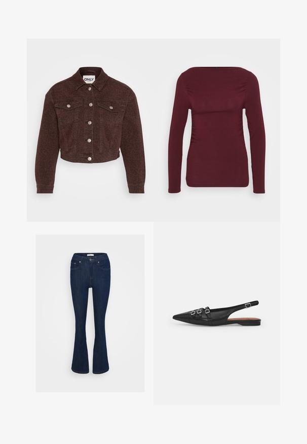 Veste en denim marron avec un imprimé léopard. Présente un col, une coupe courte, des poches avant, une fermeture à bouton et des accents en métal argenté.; Haut à manches longues bordeaux en tissu doux, avec un décolleté carré et un ruché sur les côtés pour un design ajusté. Texture lisse sans motifs.; Jean flare en denim bleu foncé avec un design classique à cinq poches, fermeture à bouton métallique et accents de couture sur les poches.; Chaussure plate noire en cuir avec un bout pointu, dotée de deux lanières horizontales et de boucles carrées en argent, avec un faible talon et une texture lisse.
