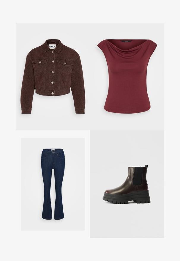 Brun denimjakke med leopardmønster. Har krave, cropped design, forlommer, knaplukning og sølv hardware detaljer.; Ærmeløs burgundy top med draperet halsudskæring og tætsiddende talje, vist mod en ensfarvet hvid baggrund.; Mørkeblå denim flared jeans med et klassisk fem-lomme design, metal knaplukning og syninger på lommerne.; Brun læder ankelstøvle med elastiske sidepaneler, chunky sort platformssål og pull tab. Har en glat overflade og robust mønster.