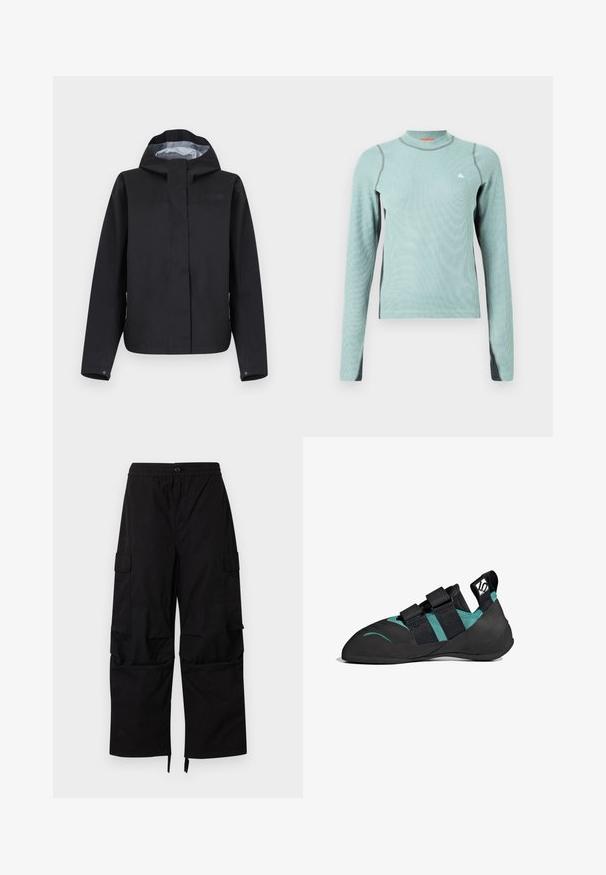 Chaqueta impermeable negra con capucha, cremallera frontal cubierta por una solapa, mangas largas con puños de presión y forro interior de color gris claro.; Camisa de manga larga verde claro con un cuello alto, que presenta acentos grises y una tela texturizada. Pequeño logo en el pecho.; Pantalones cargo negros con cintura elástica, cierre de botón, bolsillos laterales con solapa y piernas anchas y rectas con dobladillos ajustables.; Zapato de escalada negro con punta afilada, doble correa de Velcro, acentos en verde esmeralda y suela de goma texturizada para un mejor agarre.