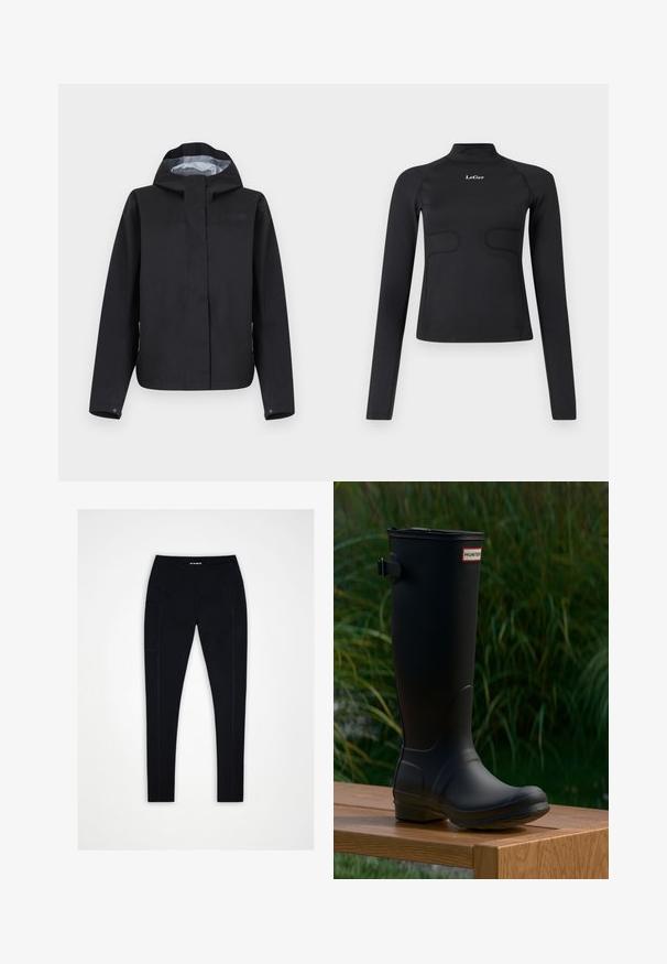 Veste noire imperméable avec capuche, fermeture éclair frontale recouverte d'un rabat, manches longues avec poignets à pression, et doublure intérieure gris clair.; Haut ajusté à manches longues noir avec col montant et logo "LeGer" blanc centré sur la poitrine, le tout sur fond blanc.; Leggings noirs taille haute avec poche latérale, coutures plates et tissu lisse, disposés à plat sur un fond blanc.; Botte en caoutchouc noire montante avec un bout arrondi, un léger talon et une sangle à boucle. Présente le logo "HUNTER" à l'avant.
