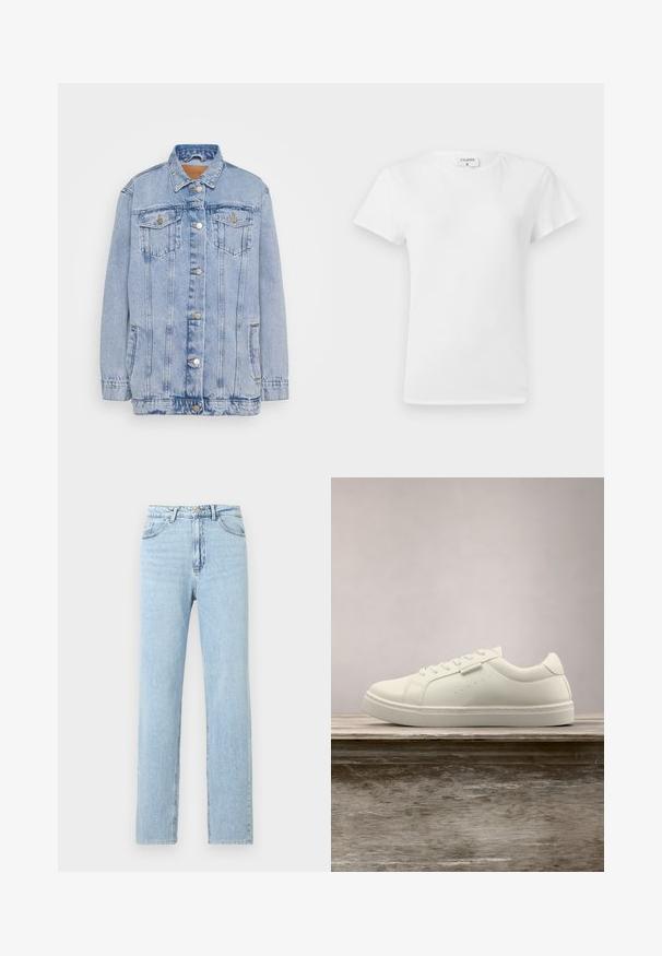 Hele sinine denim jakk, millel on nööpidega eesmine osa, kaks rinna taskut ja peen kulumine. Omab klassikalist kraed ja lõdva voolu.; Valge puuvillane T-särk ümmarguse kaelusega ja lühikeste varrukatega, lõdva lõike ja minimalistliku disainiga. Silt on nähtav kaeluses.; hele hele sinised sirge lõikega teksapüksid ees taskute, vööaasade ning kinnisnupuga ja luku sulgemisega.; Valge nahast toss, millel on paelad, hõljub puidust pingil, taustal on blurred kõrge rohelise muru õues.