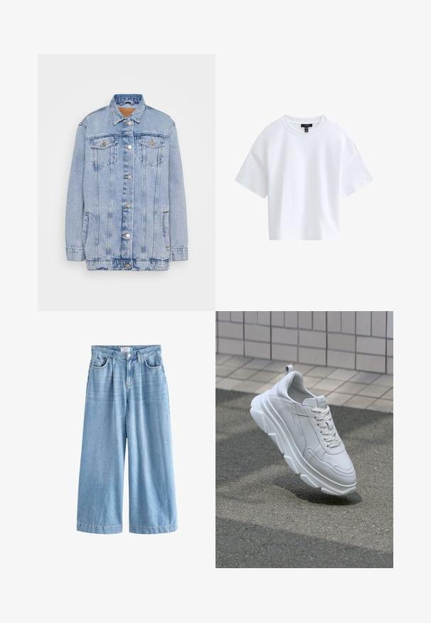 Lyseblå denimjakke med knaplukning foran, to brystlommer og subtilt slid. Har en klassisk krave og en afslappet pasform.; Simpel hvid kortærmet crop top med rund halsudskæring og sort mærke indeni kraven.; Lyseblå denim palazzo jeans med brede ben, der har høj talje, frontlommer og knaplukning. Diskret falmet tekstur.; Hvide lædersneakers med en tyk, tekstureret gummisål, der har snørebåndslukning og syninger. Rund tå og design med ankelstøtte.