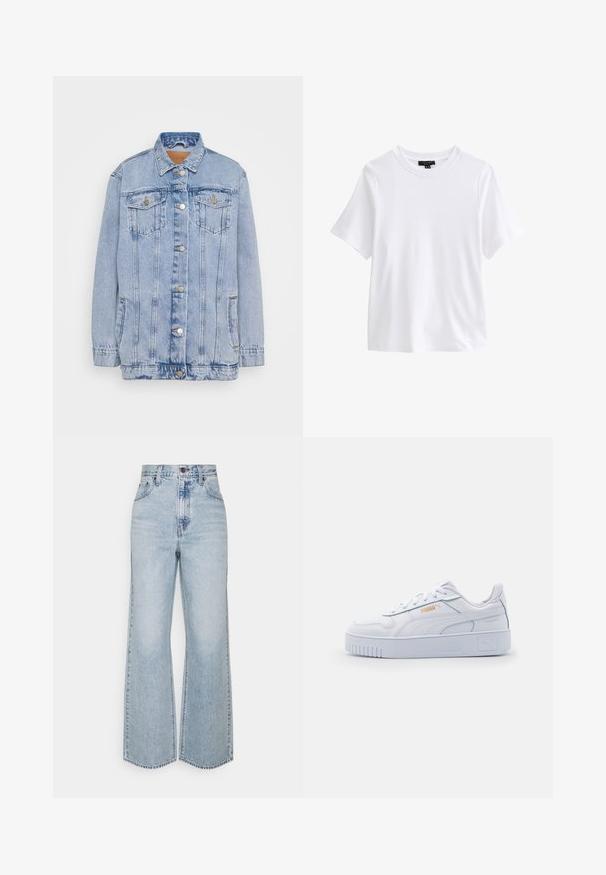 Lyseblå denimjakke med knaplukning foran, to brystlommer og subtilt slid. Har en klassisk krave og en afslappet pasform.; Hvid t-shirt med korte ærmer og rund halsudskæring med en sort tøjetiket inde i kraven på hvid baggrund.; Lysblå denim brede ben jeans med høj talje, klassisk fem-lomme design og kontrasterende syninger. Uslebne kanter i bunden.; Hvide lædersneakers med en kraftig sål, der har en glat overflade, minimalistisk design, side-striber og en lille logo detalje.